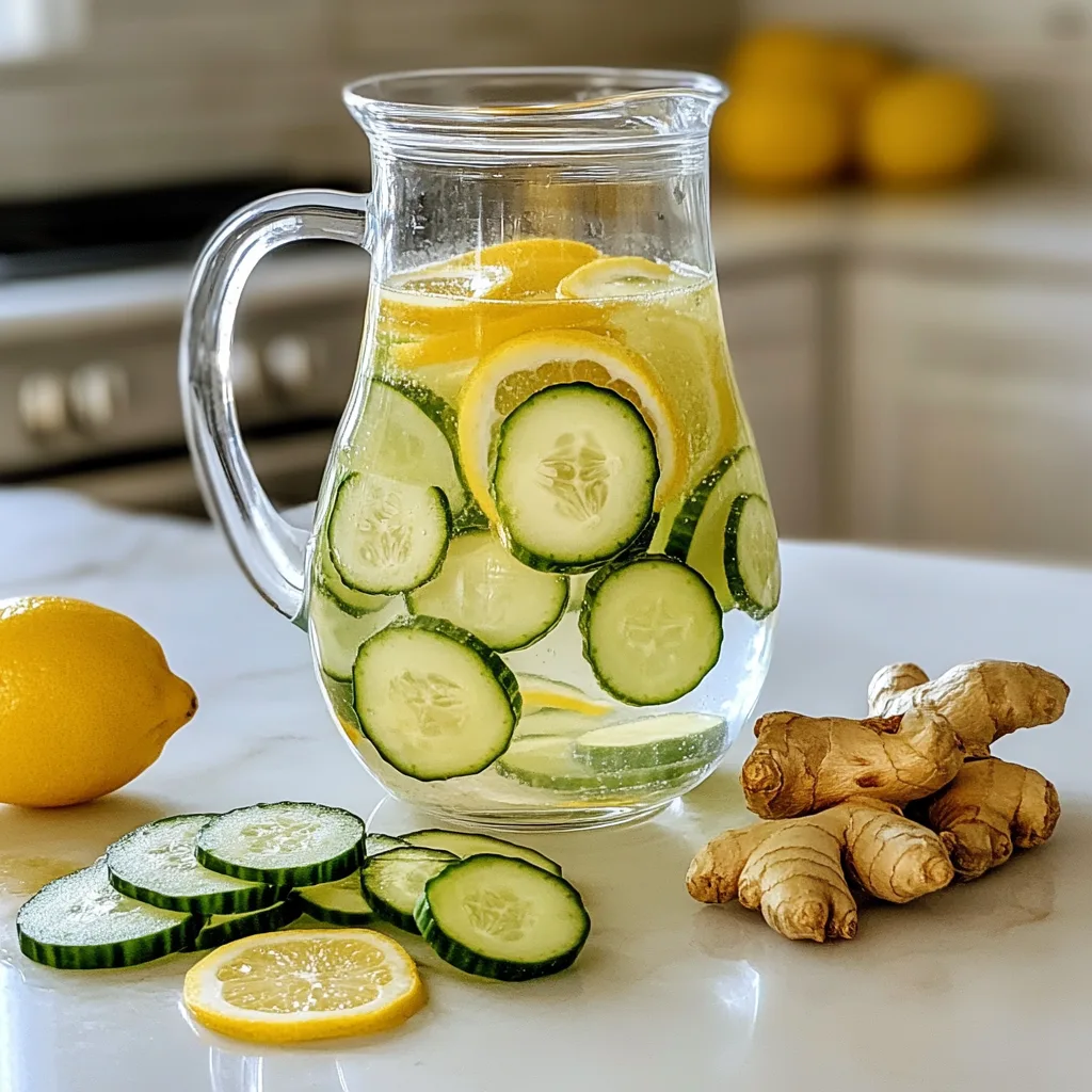 Lemon ginger cucumber water in a clear glass pitcher with fresh ingredients